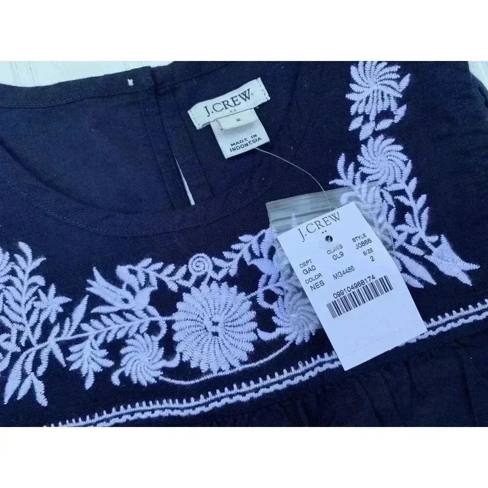 J CREW Embroidered Cotton Linen Shell Tank Navy Blue 2 NEW 628 - Picture 3 of 4